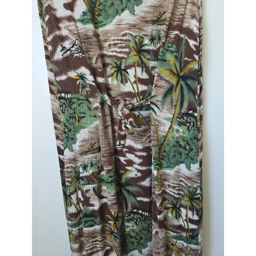Vintage‎ Tropical Hawaiian Scenic Print Sleeveless Maxi Dress Brown Green Tan